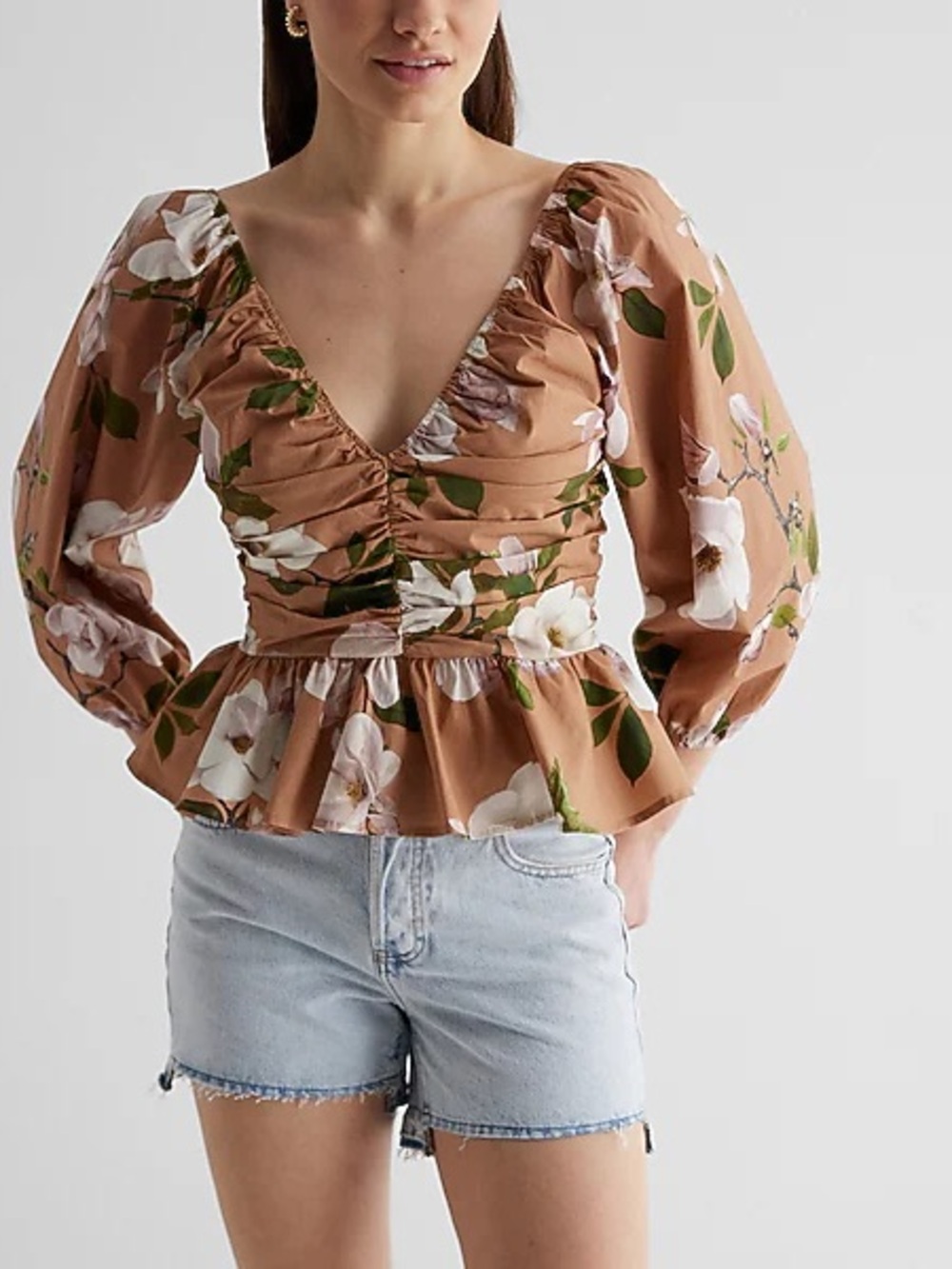 Express Tan Floral V-Neck Ruched Peplum Blouse
